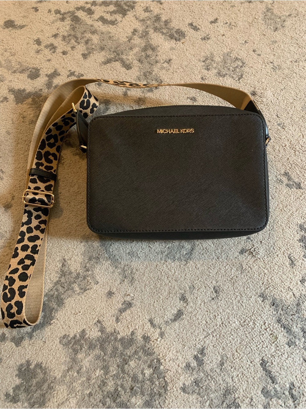 Michael Kors Black Crossbody with Leopard Print Strap and Gold Logo